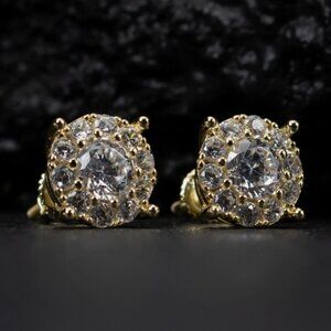 14K Gold Plated Men's Hip Hop Iced Cz Cluster 925 Sterling Silver Stud Earrings